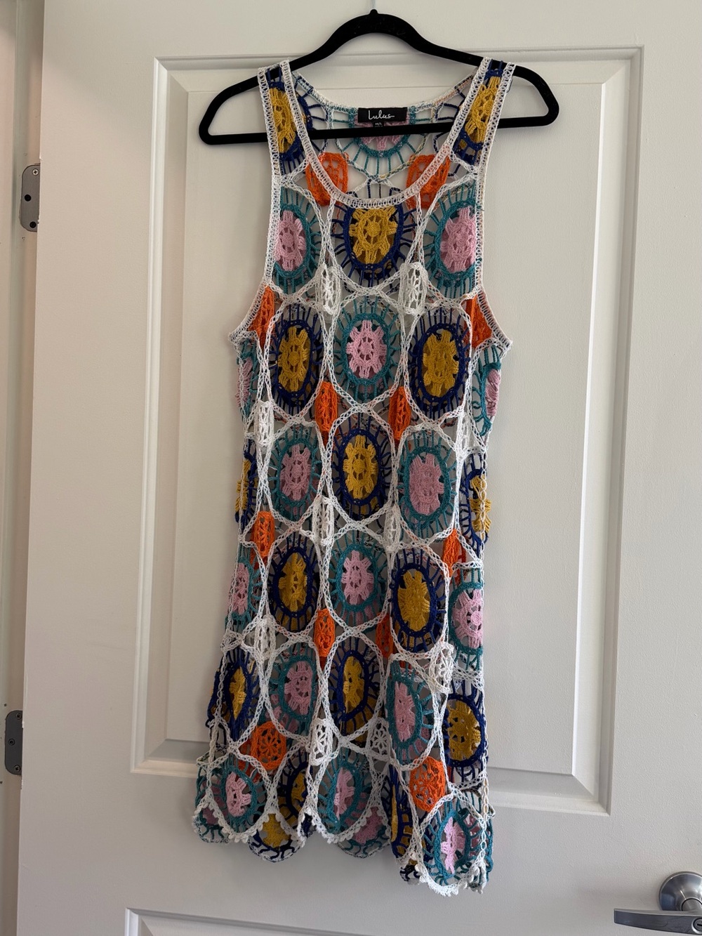 Lulu's White Crochet Midi Dress with Pink, Yellow, Orange & Teal Accents